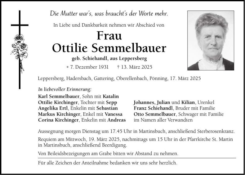 Traueranzeige Ottilie Semmelbauer