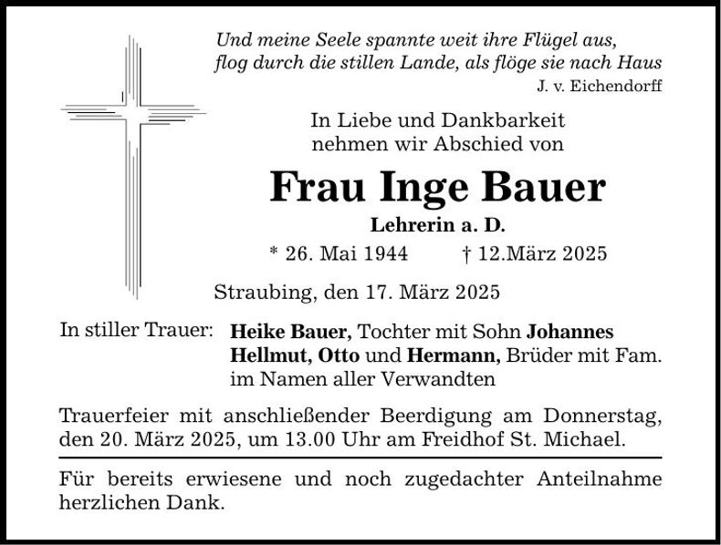 Traueranzeige Inge Bauer