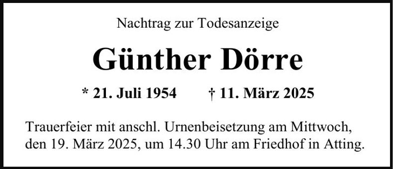 Traueranzeige Günther Dörre