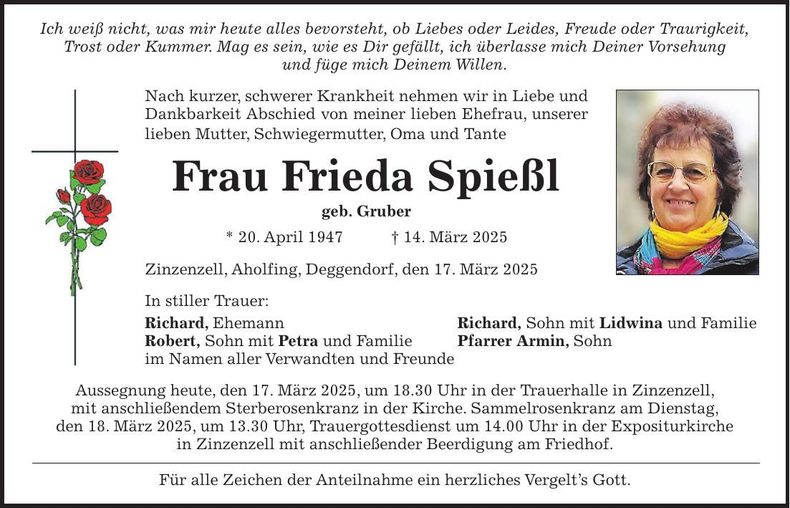 Traueranzeige Frieda Spießl