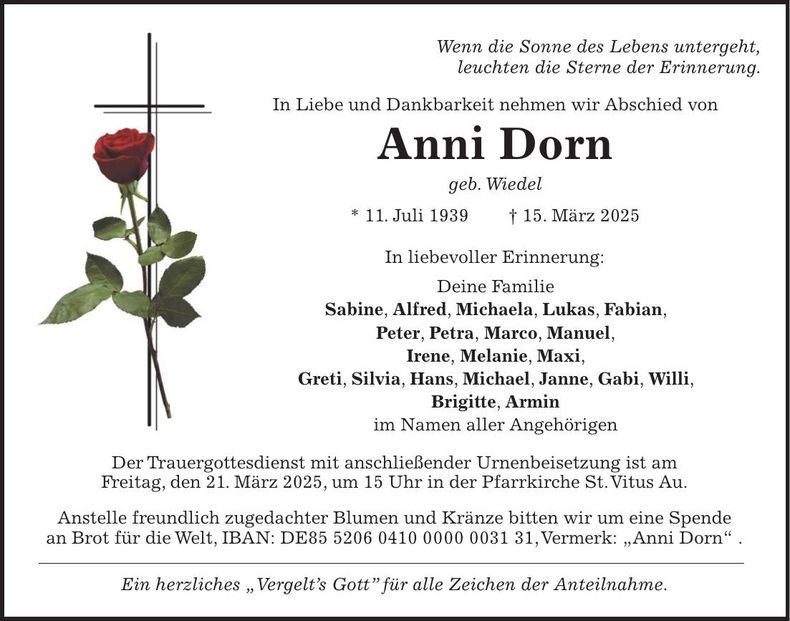 Traueranzeige Anni Dorn