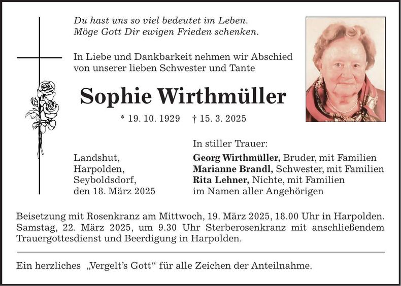 Traueranzeige Sophie Wirthmüller