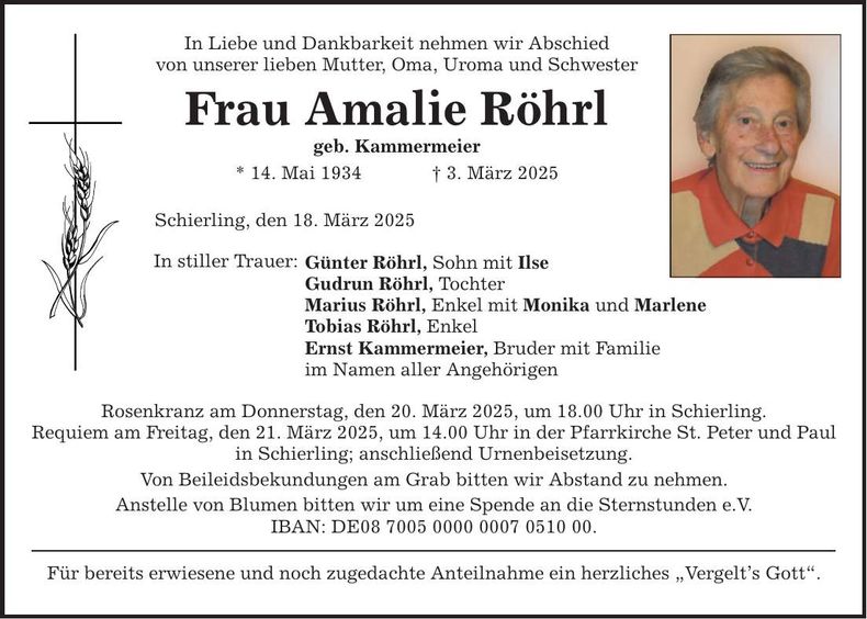 Traueranzeige Amalie Röhrl