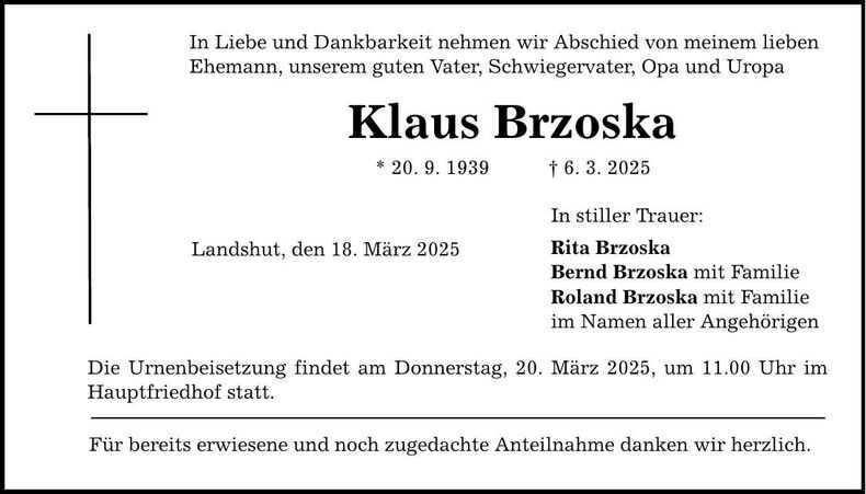 Traueranzeige Klaus Brzoska