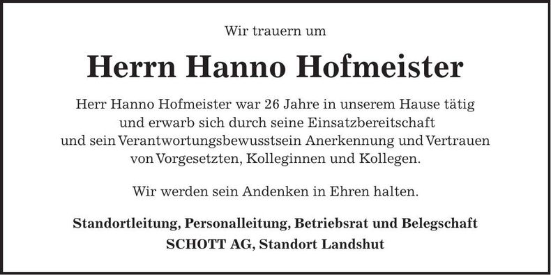 Traueranzeige Hanno Hofmeister