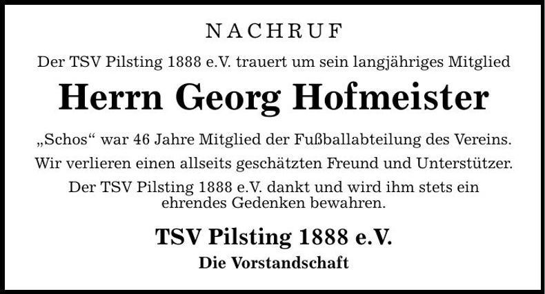 Traueranzeige Georg Hofmeister