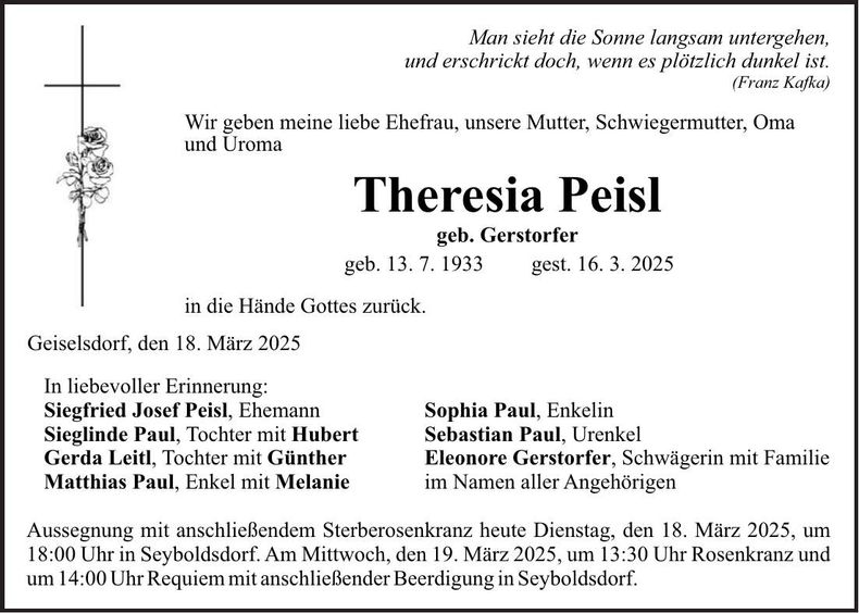 Traueranzeige Theresia Peisl