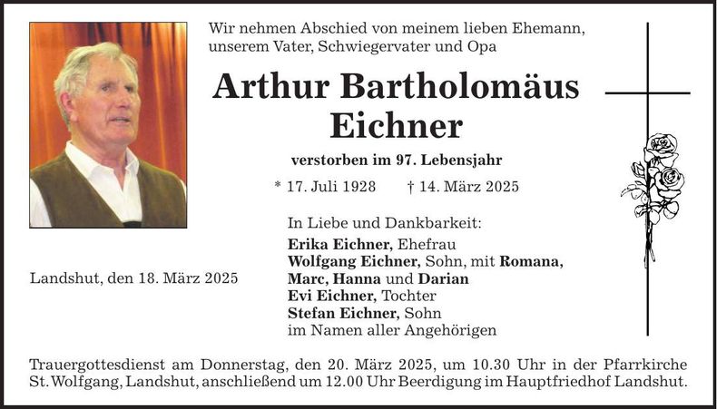 Traueranzeige Arthur Bartholoäus Eichner