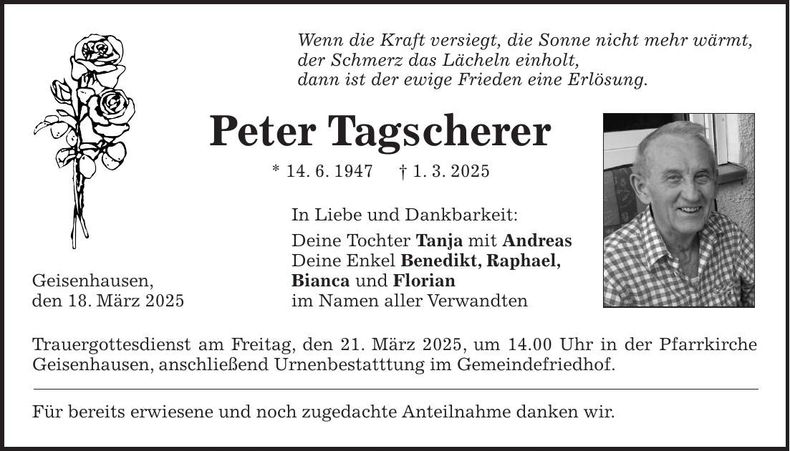 Traueranzeige Peter Tagscherer