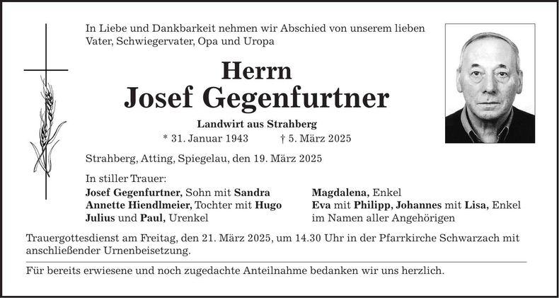 Traueranzeige Josef Gegenfurtner