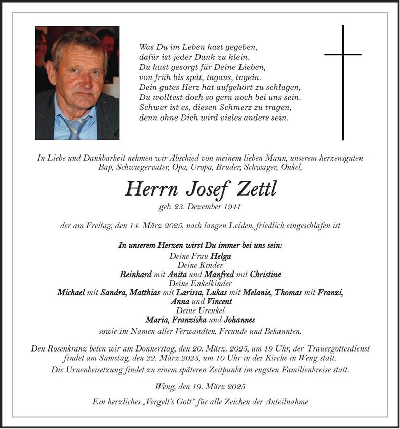 Traueranzeige Josef Zettl
