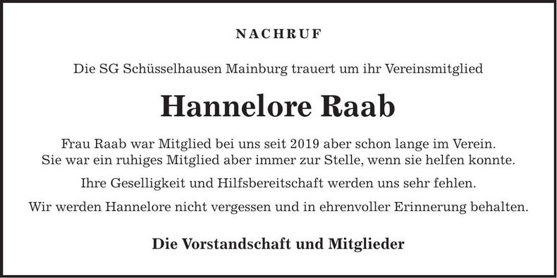 Traueranzeige Hannelore Raab