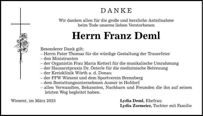 Traueranzeige Franz Deml