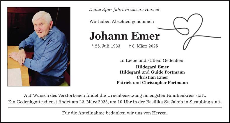 Traueranzeige Johann Emer