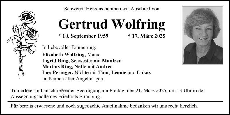 Traueranzeige Gertrud Wolfring