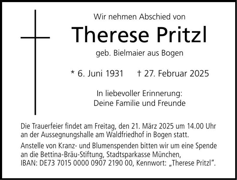 Traueranzeige Therese Pritzl