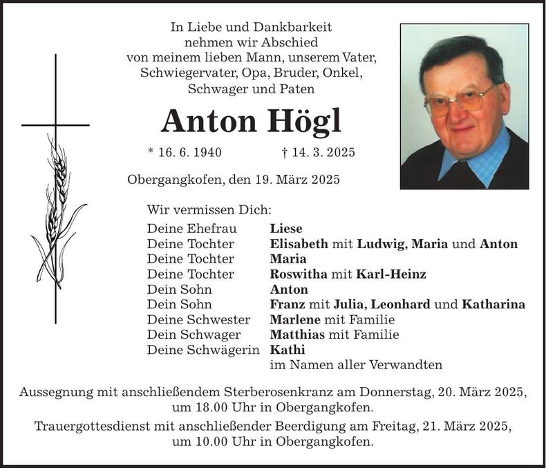 Traueranzeige Anton Högl