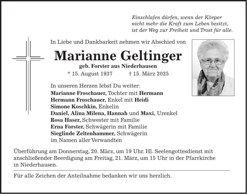 Traueranzeige Marianne Geltinger