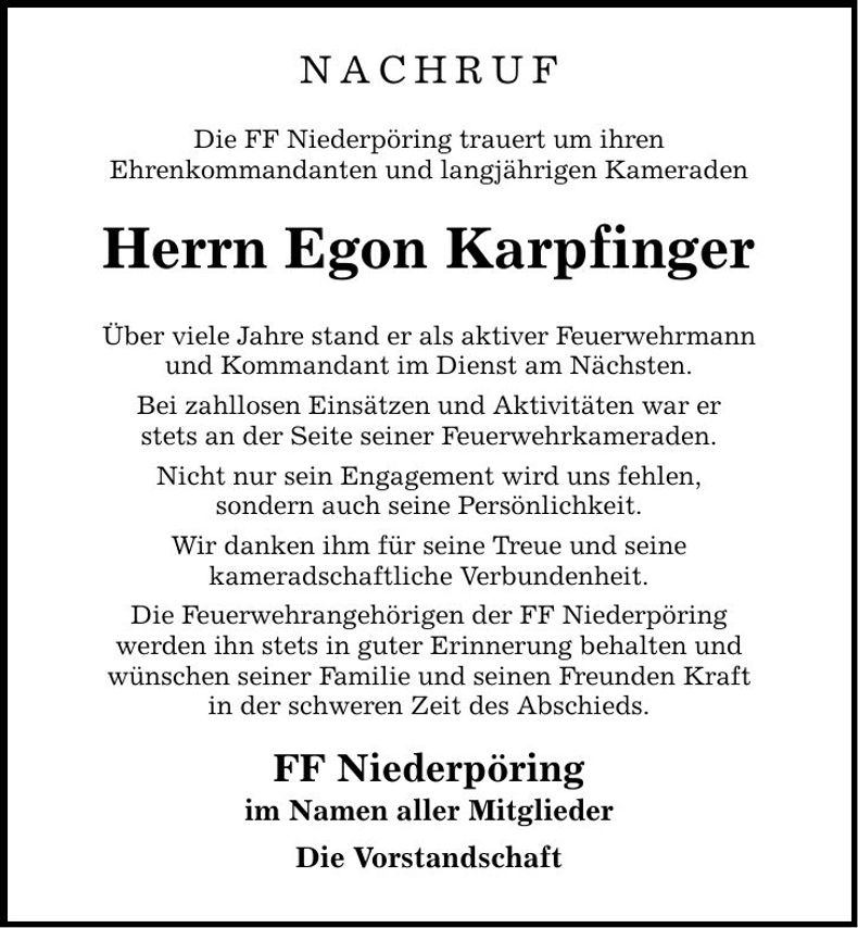 Traueranzeige Egon Karpfinger