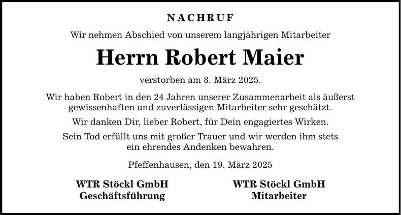 Traueranzeige Robert Maier