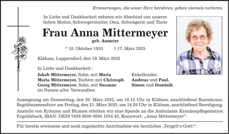 Traueranzeige Anna Mittermeyer
