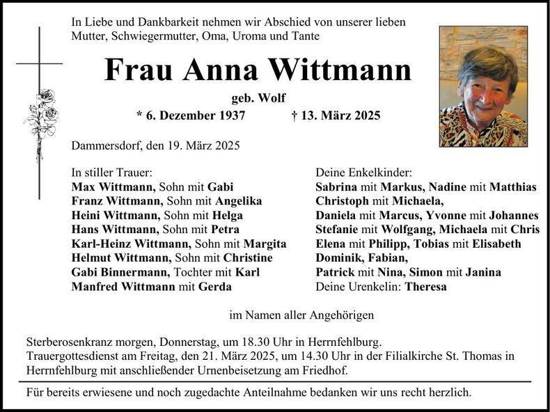 Traueranzeige Anna Wittmann