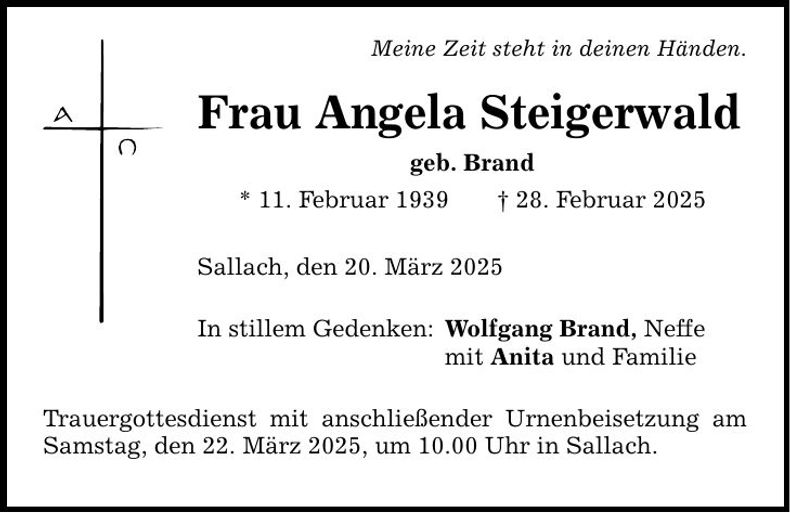 Traueranzeige Angela Steigerwald