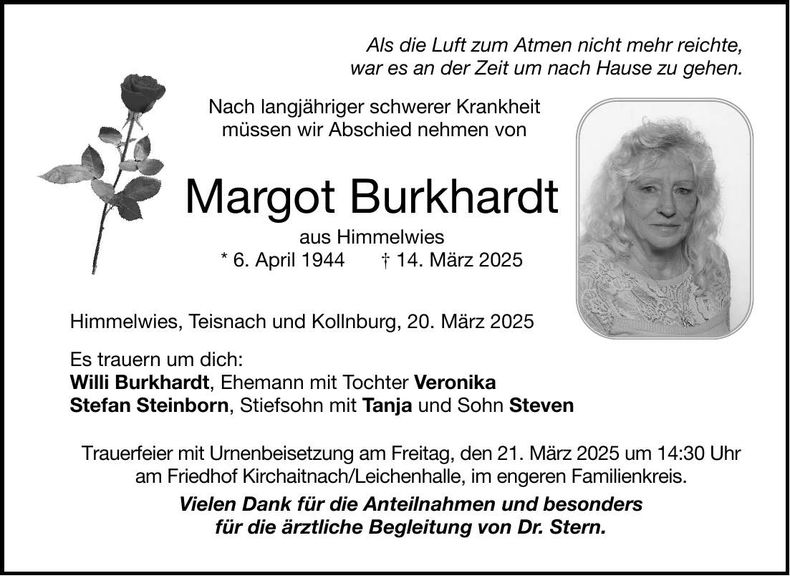 Traueranzeige Margot Burkhardt