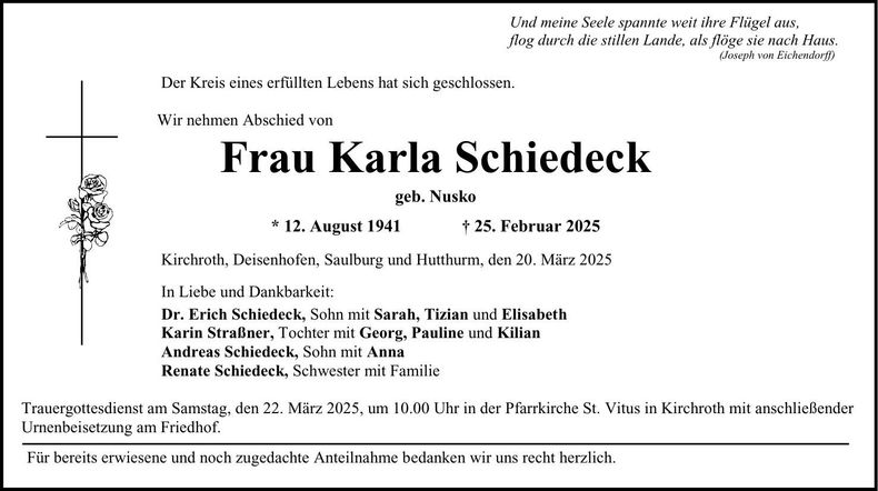 Traueranzeige Karla Schiedeck