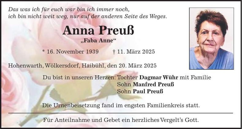 Traueranzeige Anna Preuß