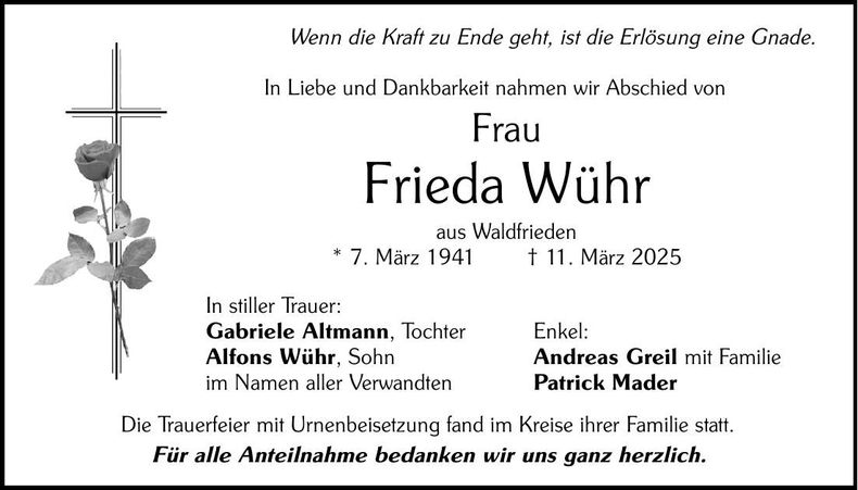 Traueranzeige Wühr Frieda