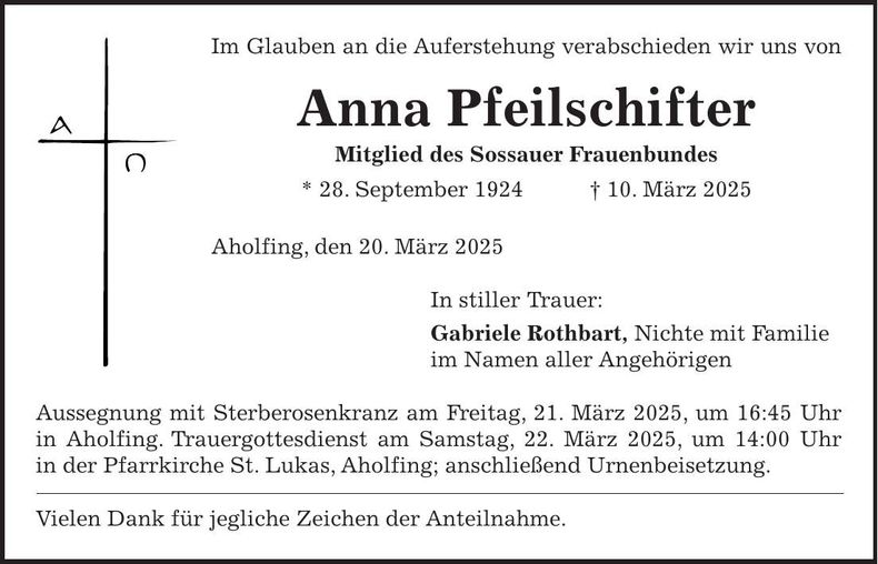 Traueranzeige Anna Pfeilschifter