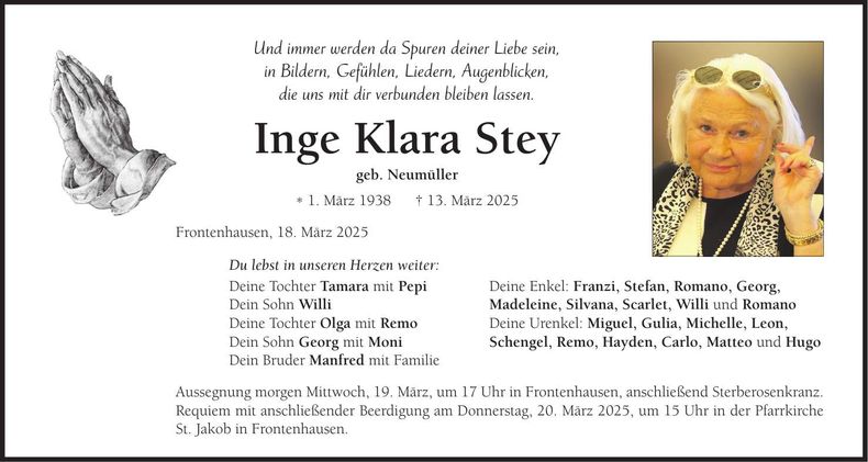 Traueranzeige Inge Klara Stey