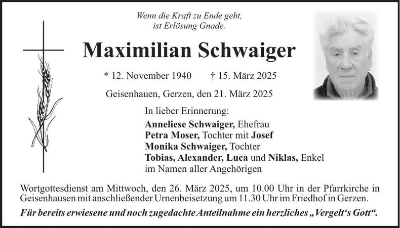 Traueranzeige Maximilian Schweiger