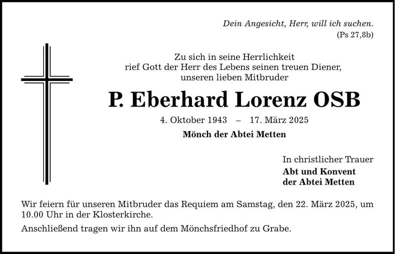 Traueranzeige Eberhard P. Lorenz OSB