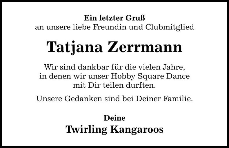 Traueranzeige Tatjana Zerrmann