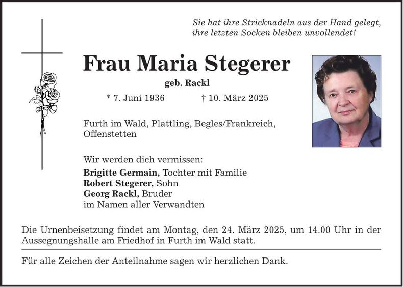 Traueranzeige Maria Stegerer