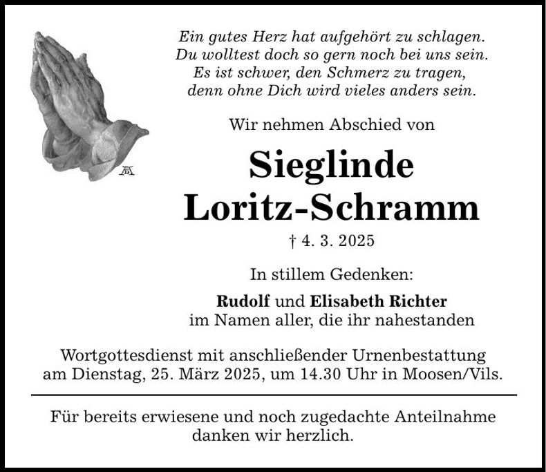 Traueranzeige Sieglinde Loritz-Schramm