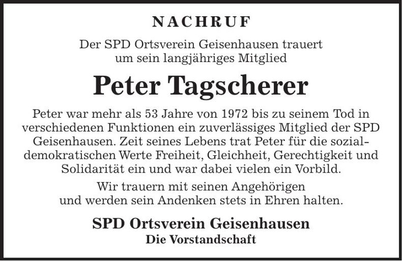 Traueranzeige Peter Tagscherer