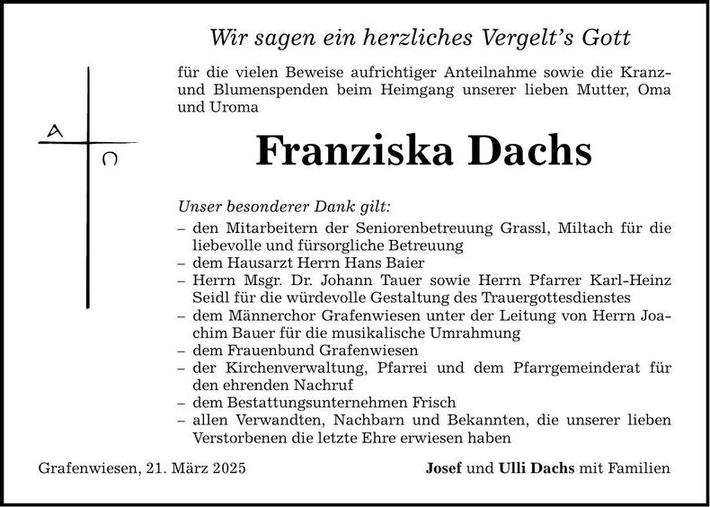 Traueranzeige Franziska Dachs