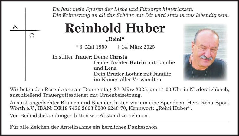 Traueranzeige Reinhold Huber