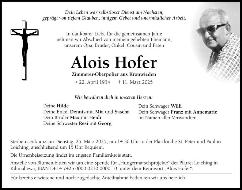 Traueranzeige Alois Hofer