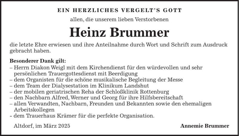 Traueranzeige Heinz Brummer