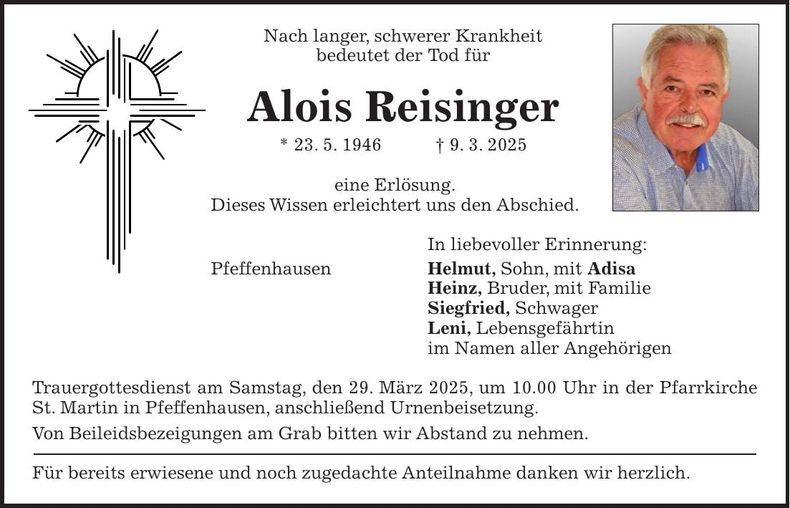 Traueranzeige Alois Reisinger