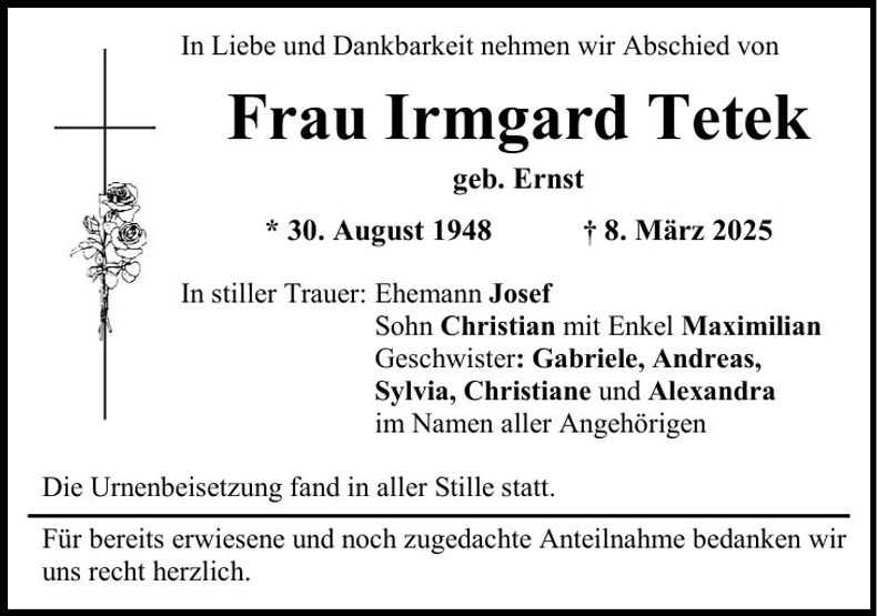 Traueranzeige Irmgard Tetek