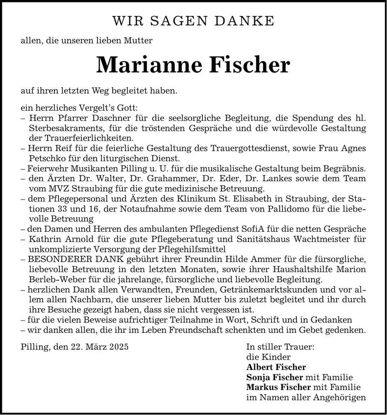 Traueranzeige Marianne Fischer