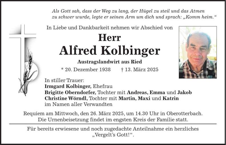 Traueranzeige Alfred Kolbinger