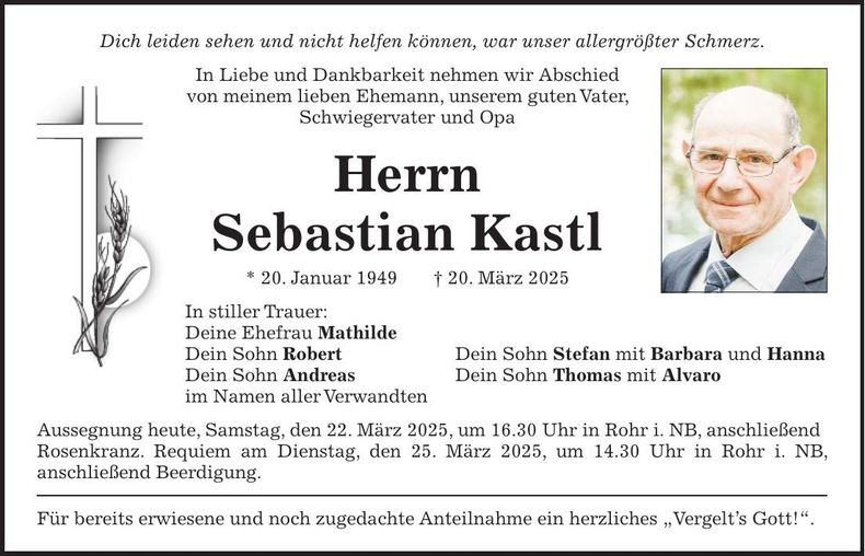 Traueranzeige Sebastian Kastl