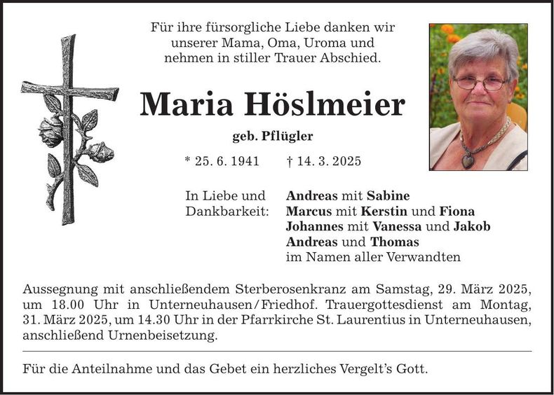 Traueranzeige Maria Höslmeier