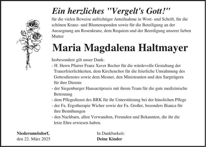 Traueranzeige Magdalena Haltmayer